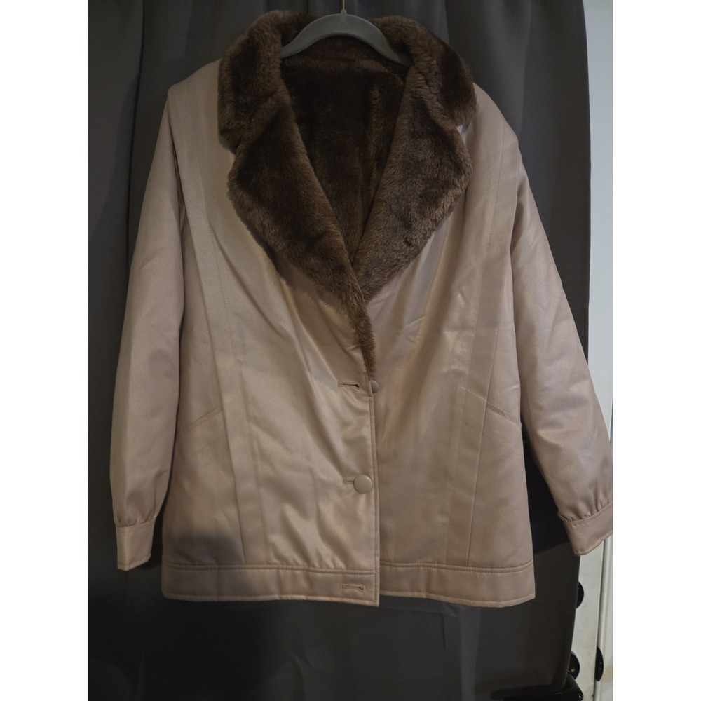 Bonders Women's Beige Long Coat Basic Jacket Lined Faux Fur Trim Collar Button S
